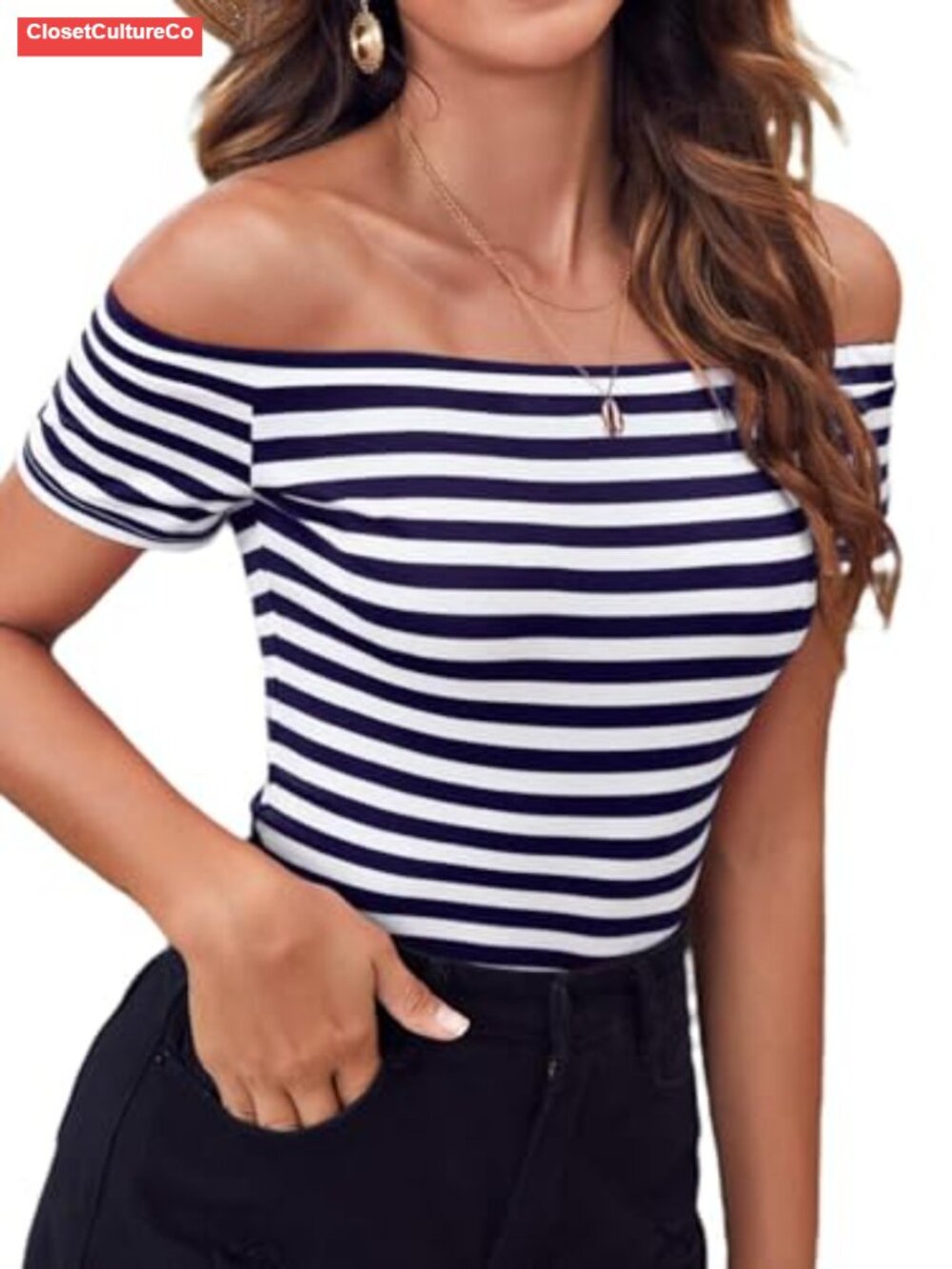 Off Shoulder Striped Top Short Sleeve Slim Fit Going Out Summer